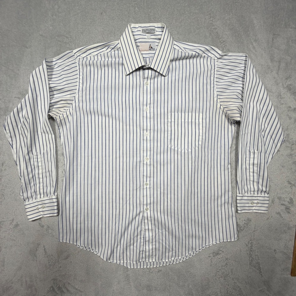 Vintage Ketch Blue White‎ Striped Dress Shirt 16.5 34/35 Large Cotton Blend 80s